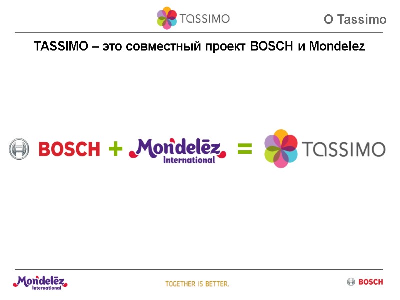 +  TASSIMO – это совместный проект BOSCH и Mondelez О Tassimo =